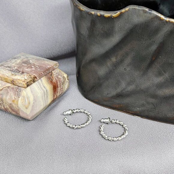 Small Hoops Earrings w/twisted, stamped design, Silver Plate - 3/4" length - Picture 7 of 8